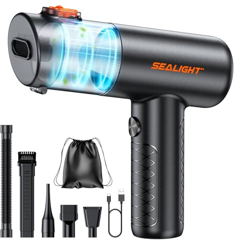 SEALIGHT Aspirador de Mano, 32000PA Aspiradora de Coche, 4 en 1 Aspirador Coche con Motor Sin Escobillas, Aciado Automático de un Toque, Mini Aspiradora Sin Cable para Pelo de Mascotas, Coche, Hogar