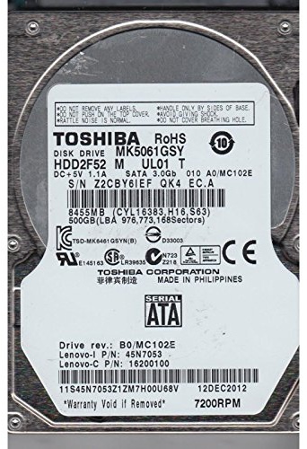 Toshiba MK5061GSYN - Disco Duro Interno (500 GB, 2,5 Pulgadas, SATA-II, 300 MB/s, 7200 RPM, caché de 16 MB, Tiempo de Acceso de 11 ms)