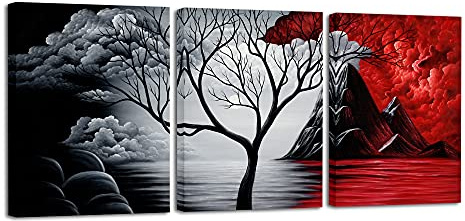 Wieco Art - The Cloud Tree Large 3 Panels Modern Stretched and Framed Giclee Canvas Prints Abstract Seascape Paintings Reproduction Sea Beach Pictures on Canvas Wall Art for Bedroom Home Decorations