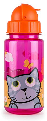 TUM TUM Kinder Trinkflasche - Tritan Trinkflasche mit Strohhalm - mit Trinkflaschen Deckel - extra auslaufsicher -leicht zu öffnen 400ml - BPA frei - verschiedene Trinkflaschen Motive (Katze Bluebell)