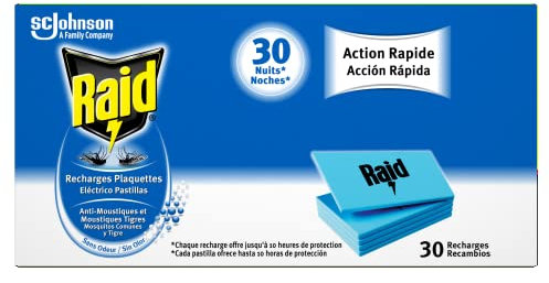 Raid Recharges Plaquettes Moustiques pour Diffuseur Électrique sans Odeur, 4 x 30 plaquettes