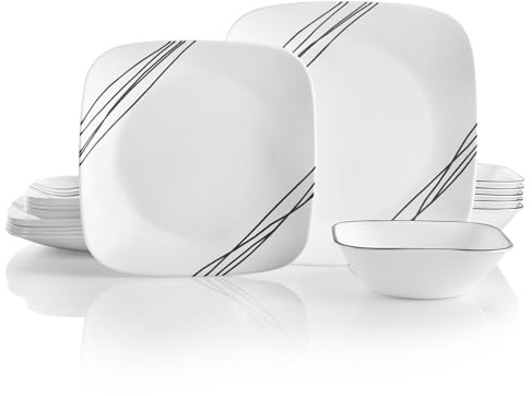 Corelle 18-teiliges Tafelservice, einfache Skizze, schwarz und weiß für 6 Personen, splitterfestes Geschirr, inklusive 26 cm quadratischen Speisetellern, 17 cm quadratischen Salat-/Beilagentellern und