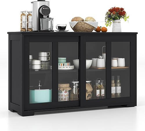 COSTWAY Buffet Cuisine, Armoire Cuisine avec 2 Etagères, 2 Portes Coulissantes en Verre, Meuble Bas pour Salon, 107 x 33 x 62 cm, Noir