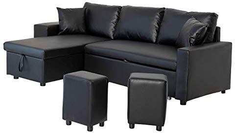 Happy Garden Canapé d'angle Convertible Tony 3 Places en Simili Noir. Canapé avec méridienne réversible, Coffre de Rangement et poufs.