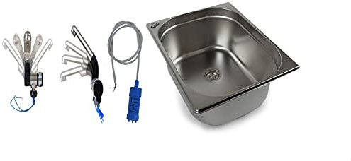 Edelstahl Spülbecken Camping Spüle Waschbecken + Ablauf + 12v Barwig Automatikwasserhahn + 12V /10l Min Tauchpumpe 325x265x150 mm (ad-ideen)