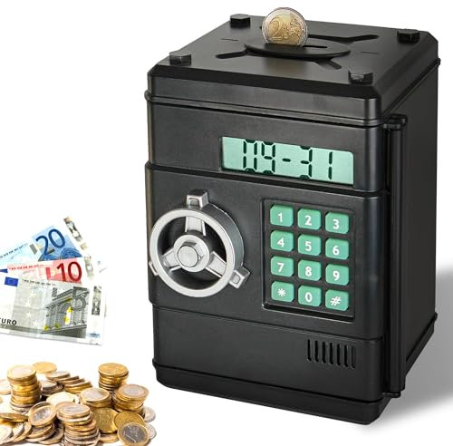FISHTEC - Tirelire Electronique avec Comptage Automatique - Coffre Fort Digital à Code 6 Chiffres Compartiment Pièce et Billet - Fonction Horloge - Idéal Cadeau Anniversaire Noel