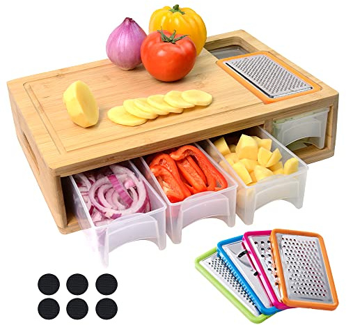 COMELLOW Bamboo Cutting Board with Containers, Lids, and Graters, Large Wood Cutting Board with Containers, Food Dropping Zone, Carving Board with Easy-grip Handle, Juice Groove