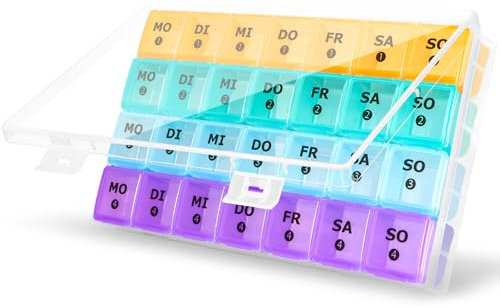 Tablettenbox Monat 28 Tage Pillendose, Große Tablettenbox Monat Medikamentenbox mit 7 Fächer für 4 Wochen für Die Nahrungsergänzungsmittel, Vitamine und FischöLe (Regenbogen)