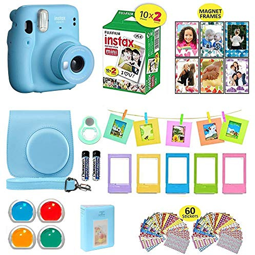 Fujifilm Appareil photo instantané Instax Mini 11 bleu ciel + étui de transport compatible avec obturateur + pack économique Fuji Film (20 feuilles) + ensemble d'accessoires d'obturateur, filtres de