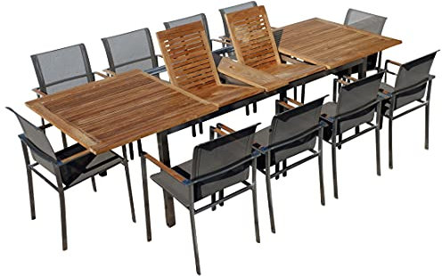 ASS ALEOS. Gartengarnitur Edelstahl Batyline A-Grade Teak Holz Set Ausziehtisch 200-240-280 x 100 cm + 10 Sessel mit Batyline Bespannung Serie Kuba-BRAUN Gastroqualität