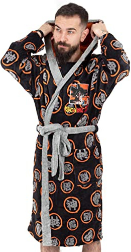 Dragon Ball Z Goku Dressing Gown For Men | Adults Action Character Pockets Black Orange Bathrobe | Anime Series Game Pjs Robe XL
