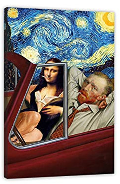 ZHONGYUTONG Lustiger Van Gogh und Mona Lisa Fahrender Kunstdruck auf Leinwand mit Rahmen Moderne Wandbilder Poster für Wohnzimmer Heimdekoration (40x60cm)