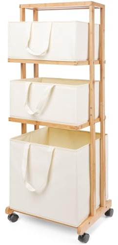 Homde Laundry Basket 3 Tier Bamboo Storage Shelf with Wheels Removable Container with Handle Freestanding Clothes Hamper Organizer for Bathroom Living Room Bedroom (Natural)