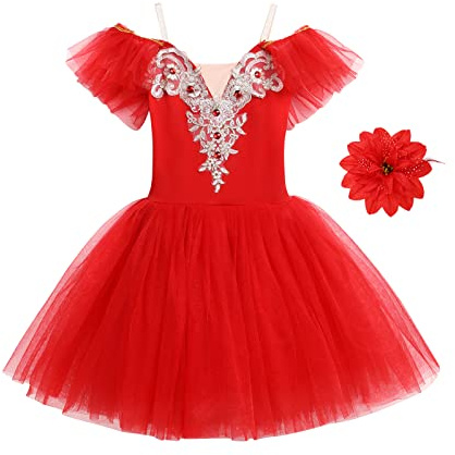 IMEKIS Abito da Classica Danza per Ragazze di Fiori con Maniche a Balze Body da Ginnastica Ricamato Gonna Tutu Costume da Ballo Principessa Balletto Ballerina Dancewear