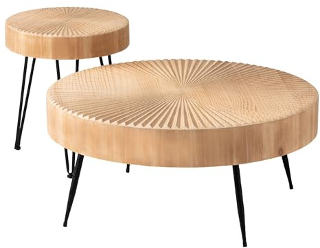 COZAYH 2-Piece Round Nesting Coffee Table Set, Natural Wood Top with Black Metal Legs, Radial Pattern – Rustic Farmhouse Accent for Living Room or Bedroom – Space-Saving Modern Furniture