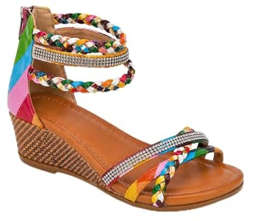 Sandales Femme Été Compensées Confort Élégantes Brides Tressées Strass – Chaussures Femme Légères Zip – Du 36 au 44