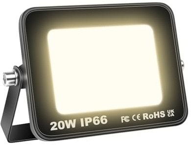 AUXTINGS 20W LED Foco Exterior Proyector 2000LM Impermeable IP66 Blanco Cálido 3000K Floodlight Focos LED Exterior Iluminación para Patio,Camino,Jardín,Almacén,Terraza,Garaje