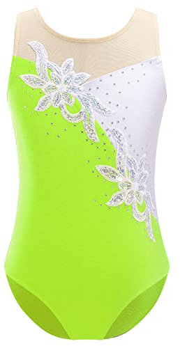 IEFIEL Flicka gymnastikdräkt glitter gymnastikdräkt ärmlös gymnastikdräkt glänsande jerseykostym gymnastik leotard träning gymnastikbody, Lysande grön, 134-140