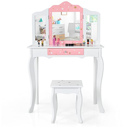 RELAX4LIFE 2 in 1 Toeletta Trucco Bambina con Specchio e Sgabello, Centro di Bellezza, Giocattolo da Trucco, Set Tavolo da Trucco in Legno per 3 4 5 6 Anni (Bianca)