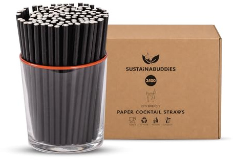 SustainaBuddies 2 400 x 10,8 cm cocktailsugrör för papper | 5 mm diameter | miljövänliga engångssugrör | etiska, biologiskt nedbrytbara och komposterbara | blir inte fuktiga