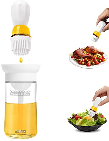 TINMIX Oil Dispenser Bottle with Silicone Basting Brush - Kitchen Olive Oil Bottle for Cooking Vinegar Sauce BBQ Grill Frying Baking, Kitchen Aid, T-OB21S, White