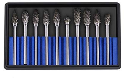 JKUHA 10 stücke Rotary Grate Wolframkarbidstahl Rotary Files Burr Set 3mm Schaft 6mm Schneidkopf Durchmesser Metallbearbeitungswerkzeug(Double Cut)