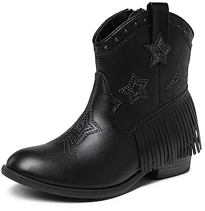 DREAM PAIRS Kids Stivaletti Western Cowboy Ragazze Scarpe Equitazione Cerniera Laterale e Nappa per Bambini Piccoli/Grandi Stivali,Size 28.5,Nero,SDBO2302K