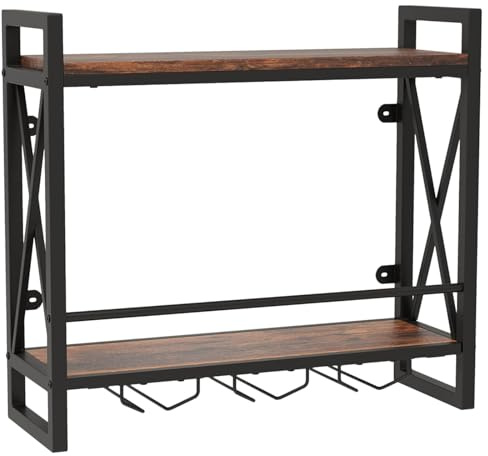 COSTWAY Wall Mounted Wine Rack, 2/3-Tier Bottle Glass Floating Shelves with Stemware Hanger, Metal Frame Hanging Display Storage Holder for Kitchen Dining Room Bar (2-Tier, 60 x 20 x 55cm)
