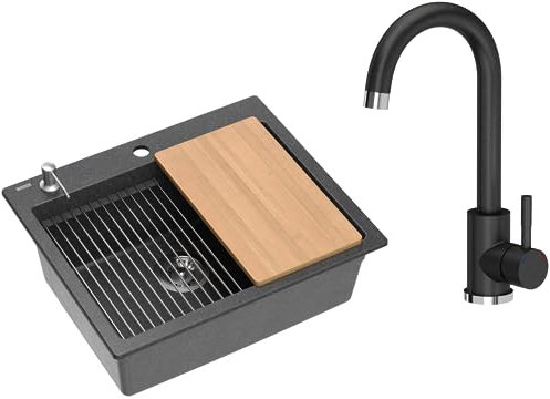 VBChome Set Spülbecken mit Armatur 60 x 50 cm Schwarz Spülmittelspender Siphon Matte Planke Granit Spüle Einzelbecken Küche Einbauspüle Verbundspüle Küchenspüle Spülbecken Schwarz mit Schwarz Armatur