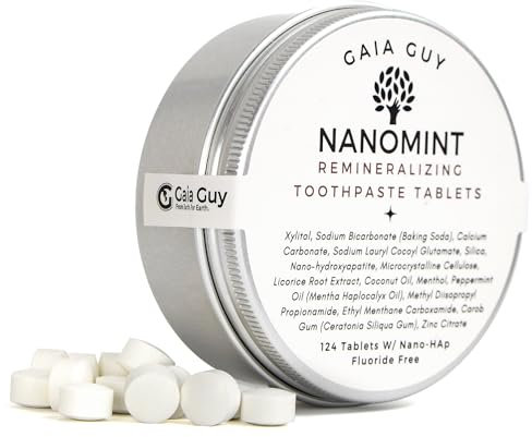 Gaia Guy Toothpaste Tablets, 124 Vegan Tabs, Fluoride-Free, Plastic-Free, Travel Mouthwash Too, for Kids and Adults, Chewable and Minty Fresh