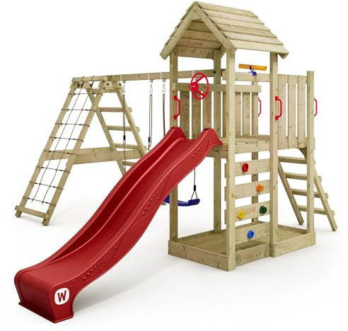 WICKEY Tour de Jeux RocketFlyer avec balançoire & Toboggan Rouge, Tour d'escalade pour Enfants avec bac à Sable, échelle & Accessoires de Jeu pour Le Jardin