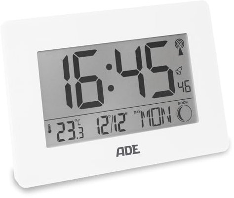 ADE Große Funkuhr digital mit XXL-Ziffern | Tischuhr mit Kalender und Wochentag | Digitale Uhr mit Temperaturanzeige | Funkwecker digital mit Batterie | weiß