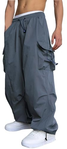 WZIKAI Men's Baggy Cargo Pants Casual Parachute Cargo Pants Loose Fit Hip Hop Harem Pants with Pockets Gray L