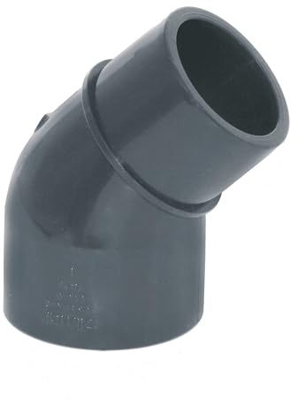 HAF 1 raccordo in PVC ad angolo di 45° ridotto con 50 mm x 40/50 mm | manicotto adesivo x manicotto adesivo | Connettore angolare in PVC grigio | PN16 per tubo in PVC, raccordo per piscina, tubo per