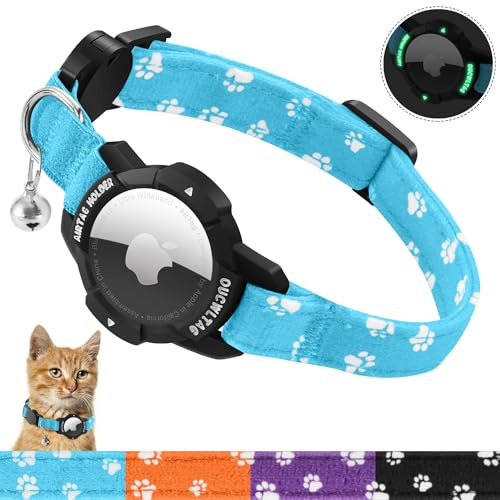 MASERFOLA Katzenhalsband Airtag mit leuchtendem Apple Air Tag Halter, Sicherheitsverschluss & Elastischer Gummiband, Katzenkratzmuster-Design, Verstellbar Halsband Katze (Blau, 20-30cm)