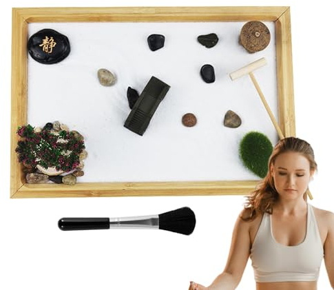 Zen Garden Sand Kit - Sandbox with Table Sand Tray for Meditation, Table Zen Garden with Raked Sand | Plant Rake, Gia Style Home Decor