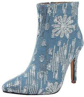Generisch Bottines décontractées au-dessus du genou Bottes pour femmes en cuir bleu clair denim à paillettes bottines à talon fin bottes courtes en caoutchouc, bleu clair, 37 EU