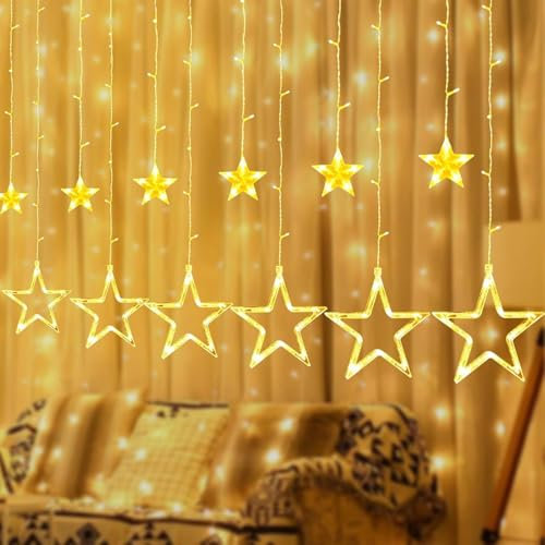 Qoosea LED Lichterketten Stern, 126LED 4M Lichterkettenvorhang Innen, Wasserdicht Sternenvorhang Weihnachtsbeleuchtung, für Weihnachten Ramadan Hochzeit Garten Schlafzimmer Dekorationen Lamp, Warmweiß