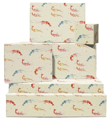 Geburtstags-Geschenkpapier – 6 Bögen Geschenkpapier – bunte Garnelen – Meerestiere – Geschenkpapier Kinder – mit Aufklebern – recycelbar – von Central 23`