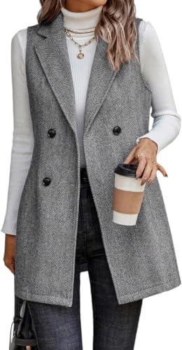 Juankrynord da Donna Senza Maniche Risvolto Bottone Anteriore Autunno Gilet in Tweed Giacca Gilet Lungo Gilet in Tweed Senza Maniche Giacca Gilet Autunno Giacca Abito Senza Maniche (Grigio,M)