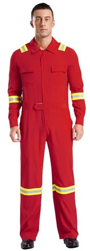 MSemis Herren Arbeitsoverall Mechanisch Jumpsuit Reflektierende Streifen Langarm Umlegekragen Schutzanzug Work Overall Rot M