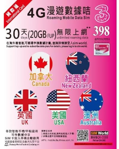 USA, Canada, UK, Australia, New Zealand Prepaid Data Only SIM Card (20GB, 30 Days) 4G High Speed to 128kbps unlimted data | Ready to use for Business Travel | Rechargeable SIM | Hotspot mobile WiFi