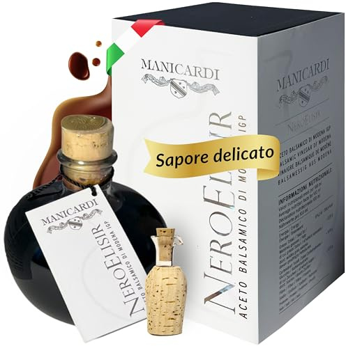 MANICARDI Aceto Balsamico Invecchiato di Modena IGP, Elisir Nero - Prodotto Italiano Perfetto per Formaggi, Verdure, Carni Arrosto, Fragole e Gelato, da 250 ml