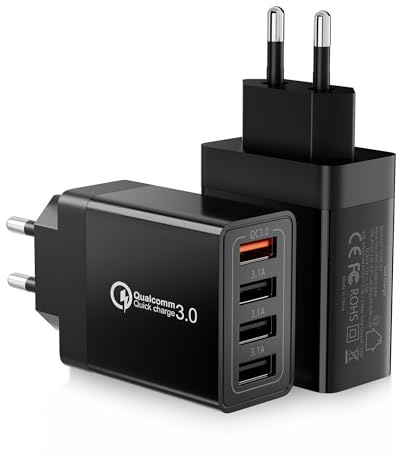 Cargador USB Multiple (2 Pack), 33W QC3.0 4 Puertos Enchufe USB Carga Rapida 33W Cargador Movil para iPhone 14/13/12/11 Pro Max/XS/XR/8/7/6/5, iPad, Samsung Galaxy S21/S20/S10/S9/A14/A15/A34/A55