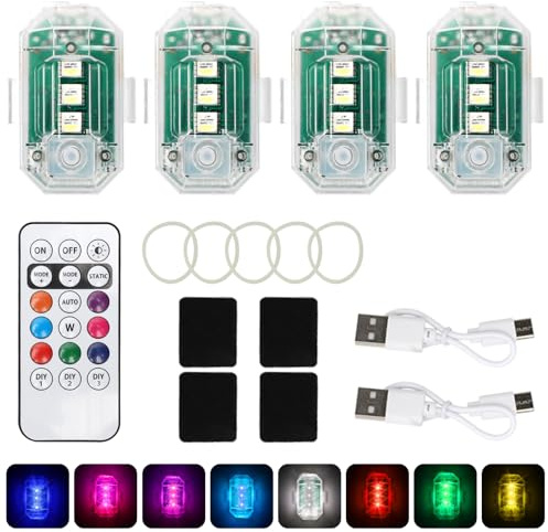 LOMUG Auto Fernbedienung Blitzlicht, 4 Stück Drahtloses LED Blitzlicht mit hoher Helligkeit,8 Farben LED Flugzeug mit Fernbedienung, Flugzeug USB Aufladbar für Auto, Drohne