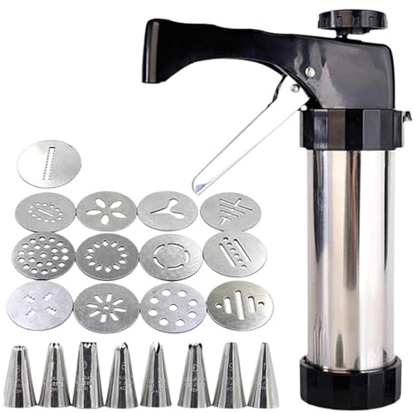 gifyym Cookie Press – Edelstahl Keks Extruder mit 13 Prägeschablonen und 8 Spritztüllen | 14,5 cm Keksmaschine | Keksbereiter zum Formen von Teig in dekorative Plätzchen