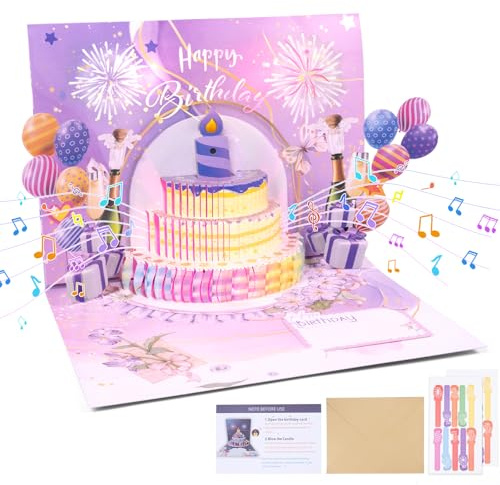 Carehabi Tarjeta de cumpleaños con música y luz, tarjeta de cumpleaños con música y luz, tarjeta de cumpleaños 3D para mujer, hombre, novia