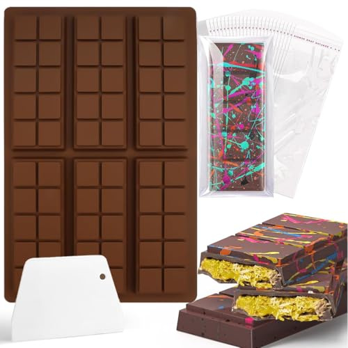 XPEX Silicone Chocolate Mould, 6 Plates Deep Chocolate Bar Silicone Mould with Scraper and Bag, Chocolate Mould for Chocolate Praline Sweets (Rectangle)