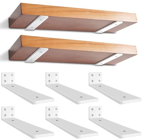 Lot de 6 Supports d’étagère Flottants de 30 cm, Fixations d’étagère Invisibles, Supports en L en Métal Robuste Pour étagères, Support Mural Vis Assorties, Blanc