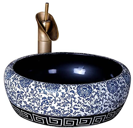 Vasque À Poser Vasque À Poser Vasque À Poser En Céramique Pour Salle De Bain, Vasque À Poser Traditionnelle Jingdezhen Bleu Et Blanc Au-Dessus Du Comptoir, Vasque À Poser Circulaire 16,5'' X 16,5'',